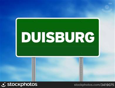 Green Duisburg road sign on Cloud Background.