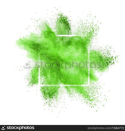 Green dust or powder explosion in a square frame on a white background, copy space.. Green powder explosion in a frame on a white background.