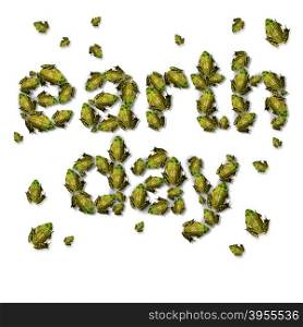 Green earth day ecxological concept as a group of frogs coming together to form text as an environmental symbol for protection of endagered habitat.