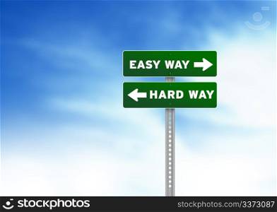 Green Easy Way and Hard Way Road Sign on Cloud Background