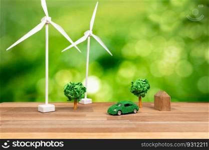 Green eco car and windmill turbine model with park on office table design. Sustainable and renewable clean solution with zero CO2 emission for green ecology and environmental concept. Alter