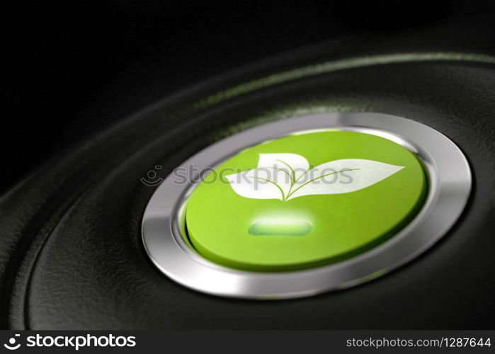 green eco friendly car button with leaves pictogram, and light symbol of fuel economy. green driving, fuel economy