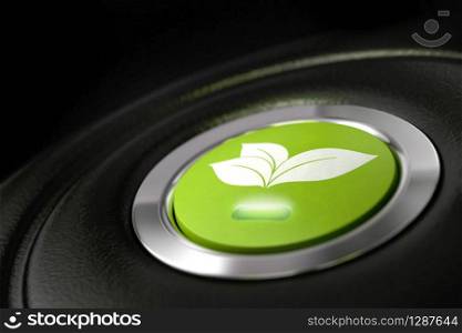 green eco friendly car button with leaves pictogram, and light symbol of fuel economy. green driving, fuel economy
