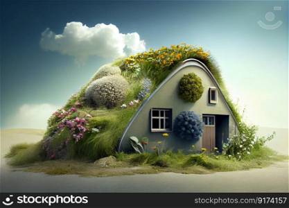 green eco house with plants illustration Ge≠rative AI..