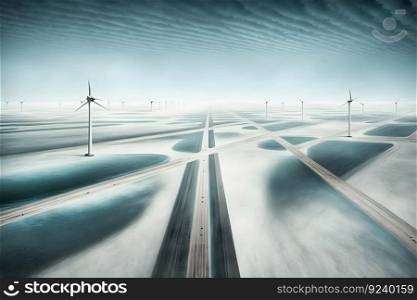 Green ecological power energy generation. Wind farm eco field. Neural network AI generated art. Green ecological power energy generation. Wind farm eco field. Neural network AI generated