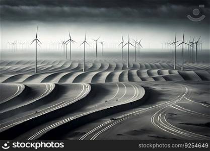 Green ecological power energy generation. Wind farm eco field. Neural network AI generated art. Green ecological power energy generation. Wind farm eco field. Neural network AI generated