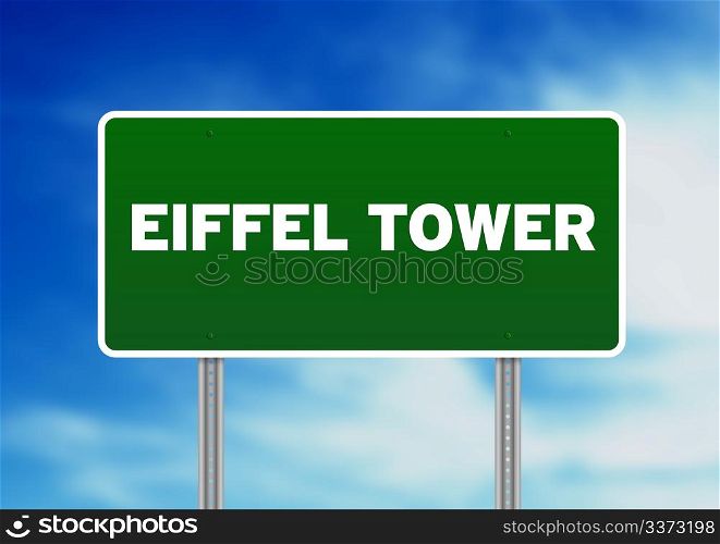 Green Eiffel Tower highway sign on Cloud Background.