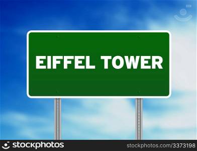 Green Eiffel Tower highway sign on Cloud Background.