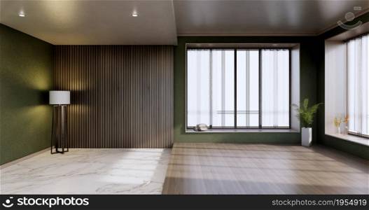 Green Empty room, modern japanese wooden interior, vintage - tropical style .3d rendering