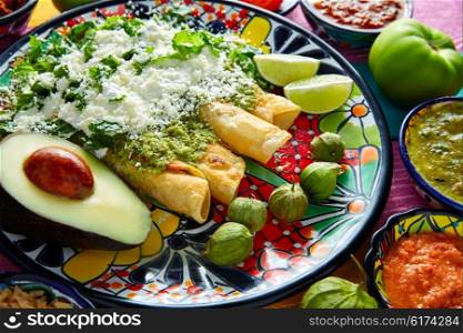 Green enchiladas Mexican food with guacamole and sauces on colorful table