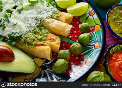 Green enchiladas Mexican food with guacamole and sauces on colorful table