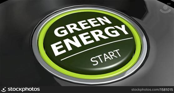 Green energy button with metal ring, 3D rendering