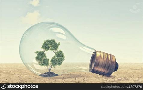 Green energy concept. Glass lightbulb with green recycle symbol growing inside