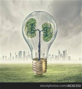 Green energy concept. Glass lightbulb with green tree growing inside