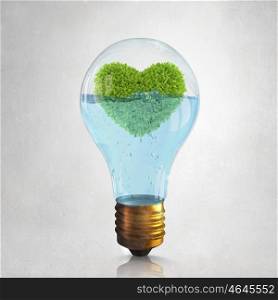 Green energy concept. Glass lightbulb with water and love shaped green tree inside
