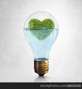Green energy concept. Glass lightbulb with water and love shaped green tree inside