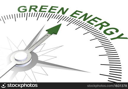 Green energy word on white compass, 3D rendering