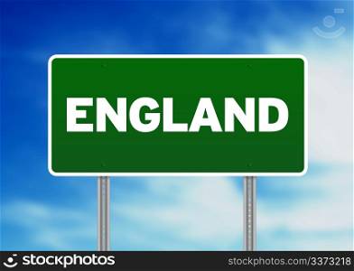 Green England highway sign on Cloud Background.