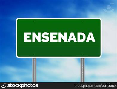 Green Ensenada road sign on Cloud Background.