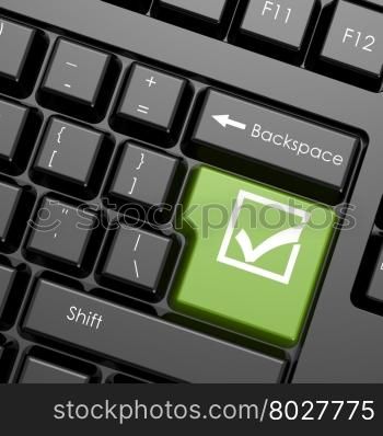 Green enter button with check mark on black keyboard, isolated image with hi-res rendered artwork that could be used for any graphic design.