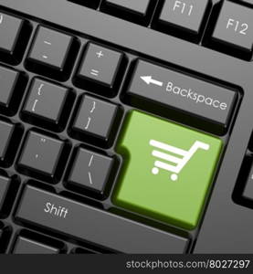 Green enter button with shopping cart on black keyboard, isolated image with hi-res rendered artwork that could be used for any graphic design.