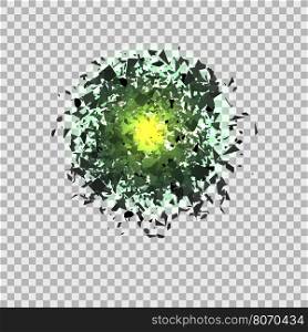 Green Explosion Cloud of Grey Pieces on Checkered Background. Sharp Particles Randomly Fly in the Air.. Green Explosion Cloud of Grey Pieces