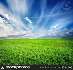 Green field and blue sky lit by the sun