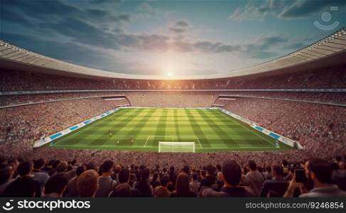 green field in soccer stadium with a lot of people. ready for game. Generative ai art. green field in soccer stadium with a lot of people. ready for game. Generative a