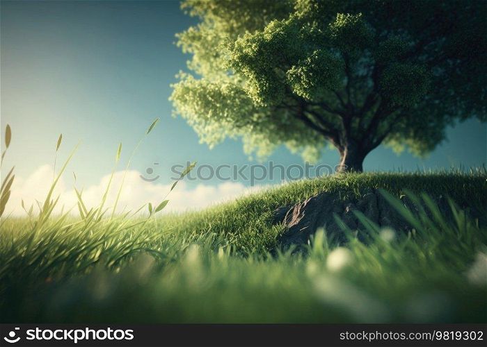 Green field, tree and blue sky. Illustration Generative AI