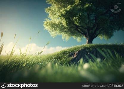 Green field, tree and blue sky. Illustration Generative AI