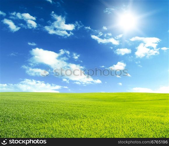 Green field under blue sky with white clouds