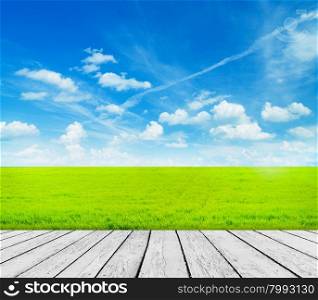 Green field under blue sky. Wood floor