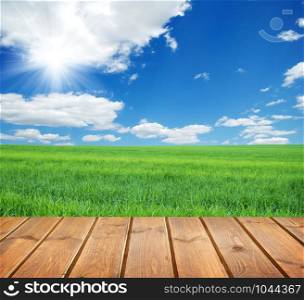 Green field under blue sky. Wood planks floor
