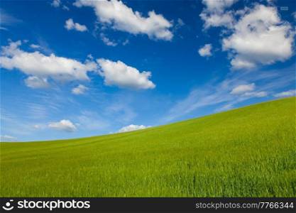Green field with a hill and blue sky with clouds
