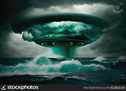 Green filtered image of UFO flying above stormy ocean