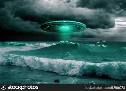 Green filtered image of UFO flying above stormy ocean