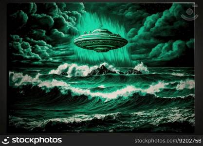Green filtered image of UFO flying above stormy ocean
