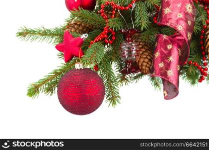 green fir tree and redd christmas ball on white background