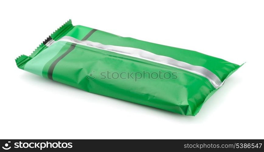 Green foil food package isolated on white
