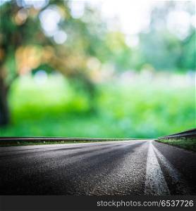 Green forest road background. Green forest road background. Asphalt and blurred park. Green forest road background