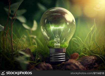 Green forest with moss and grass lightbulb, Concepts of environmental conservation circular economy environment sustainability, Generative AI