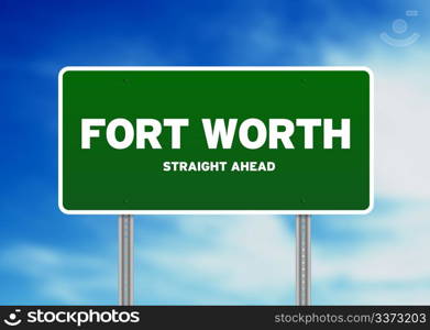 Green Fort Worth, Texas, USA highway sign on Cloud Background.