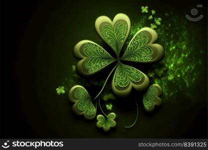Green four leaf clover on dark background, closeup. Good luck symbol. Generative AI 