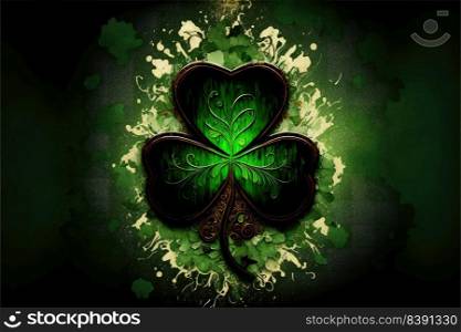 Green four leaf clover on dark background, closeup. Good luck symbol. Generative AI 