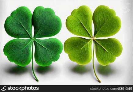 Green four leaf clover on white background, closeup. Good luck symbol. Generative AI 
