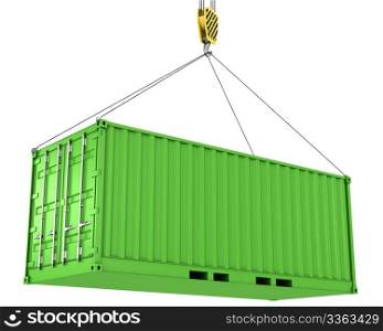 Green freight container hoisted, isolated on white background