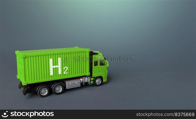 Green freight truck on hydrogen fuel cells. Innovative green technologies in transport industry. Environmentally friendly, carbon emission free. Transition of economy to renewable clean energy sources