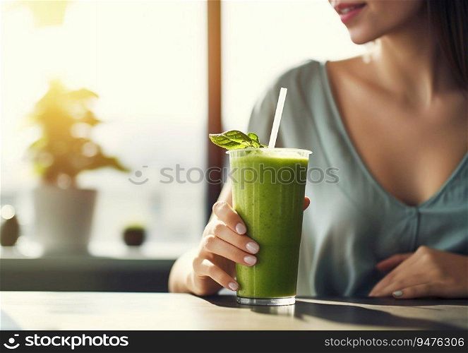 Green fresh healthy smoothie for young women lunch break.AI Generative