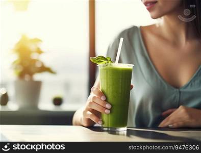 Green fresh healthy smoothie for young women lunch break.AI Generative