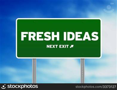 Green Fresh Ideas highway sign on Cloud Background.